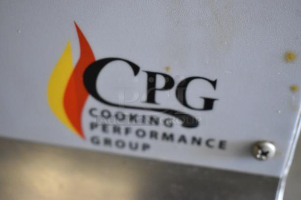 Close-up of Cooking Performance Group logo on a 2021 Stainless Steel Commercial Charbroiler Grill, Model 351CRCPG24NL.