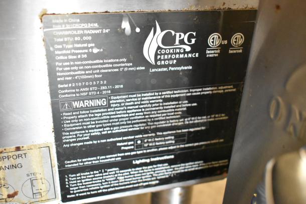 2021 Cooking Performance Group 351CRCPG24NL stainless steel charbroiler, 80,000 BTU, natural gas, commercial-grade.