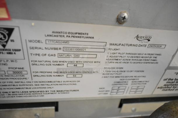 2024 Avantco 177CAG24MG Stainless Steel Gas Griddle label, showing model, serial number, and gas type details.