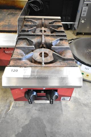 2023 Avantco 177CAGR212 stainless steel 2 burner gas range, used condition, dual control knobs, item tag 120 visible.