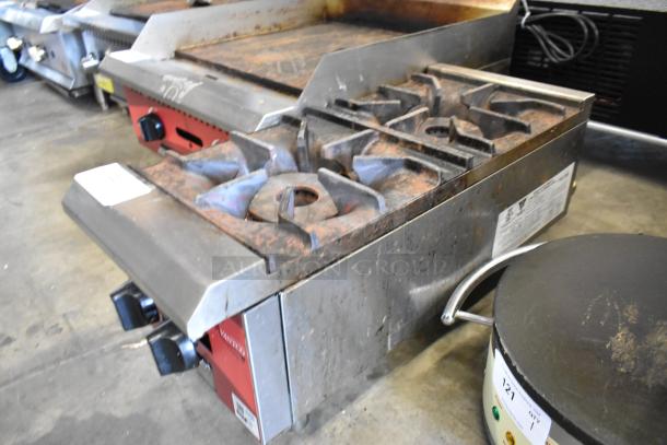 2023 Avantco 177CAGR212 stainless steel commercial countertop 2-burner range, natural gas powered, visible wear.