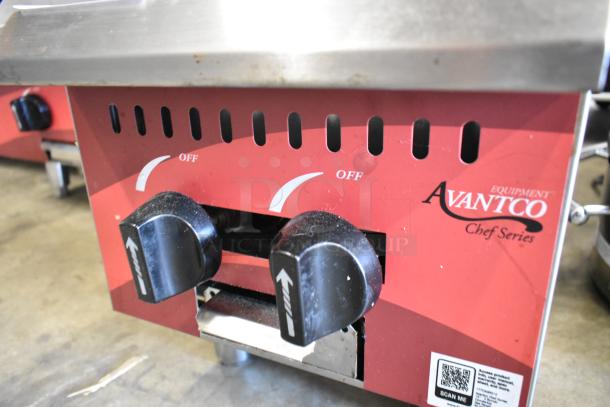 2023 Avantco 177CAGR212 stainless steel 2 burner range, natural gas, countertop model, red front panel, Chef Series.