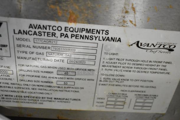 2023 Avantco stainless steel 2-burner range, Model 177CAGR212, natural gas, serial 792633000009, manufactured 08/24/2023.