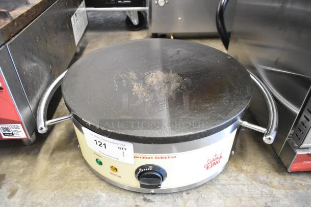 Carnival King 382TCMPT16A stainless steel crepe maker, 120V, 1 Phase, visible wear, temperature dial, and brand markings.