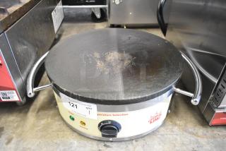 Carnival King 382TCMPT16A stainless steel crepe maker, 120V, 1 Phase, visible wear, temperature dial, and brand markings.