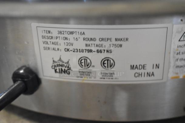 Carnival King 382TCMPT16A stainless steel crepe maker, 16" round, 120V, 1750W, serial CK-231079R-667NS, made in China.