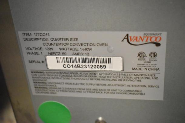 Avantco 177CO14 stainless steel countertop convection oven label, 120V, 1440W, ETL certified, model 177CO14, serial CO14B23120059.