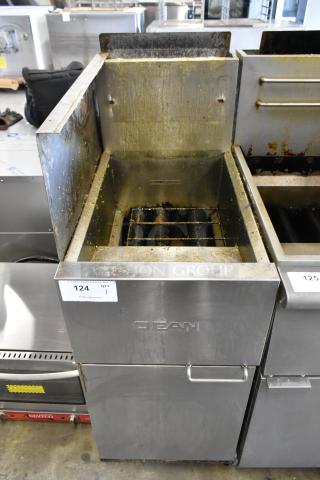 Dean SR42GNS stainless steel gas fryer, commercial floor style, 105,000 BTU, visible wear, model and auction tags shown.