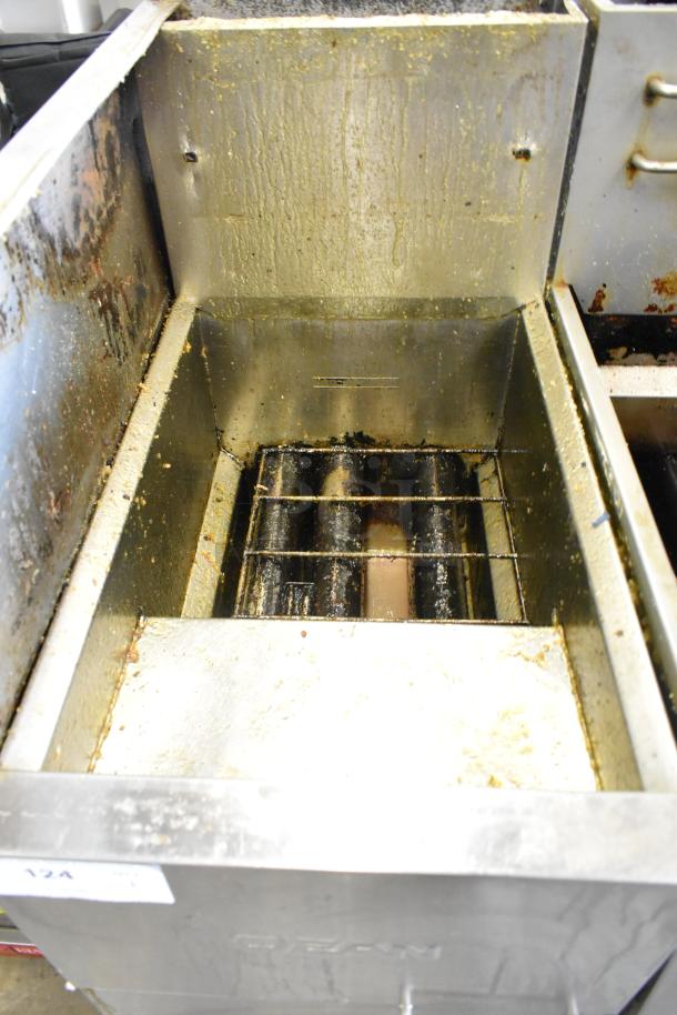 Dean SR42GNS stainless steel commercial gas fryer, 105,000 BTU, used condition, visible grease residue, model tag present.