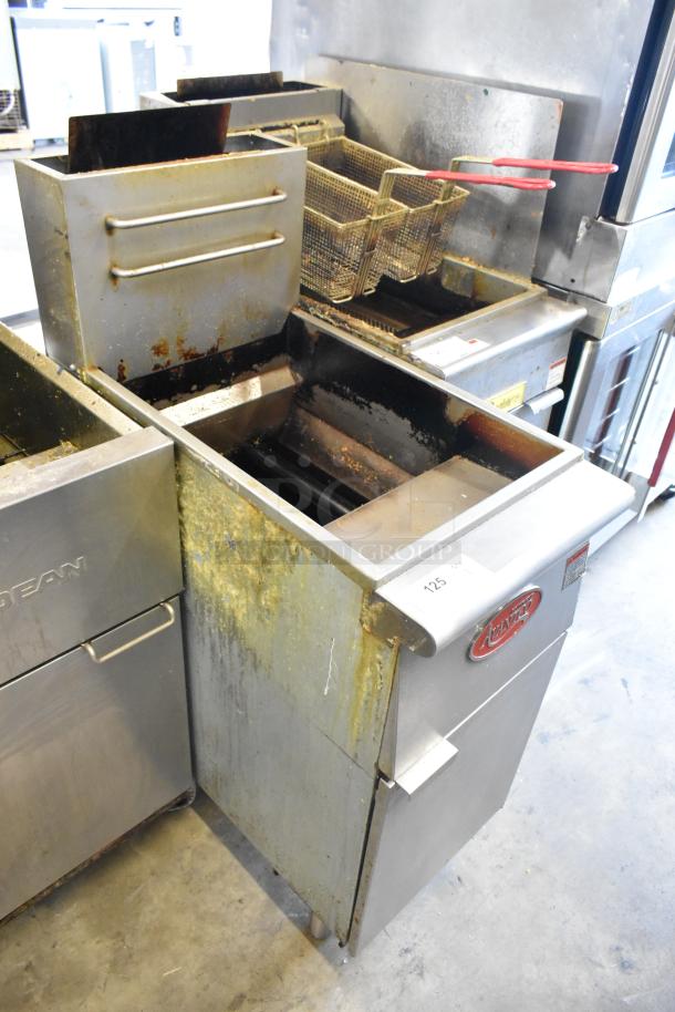 2021 Avantco FF300-N stainless steel floor-style natural gas deep fryer, 90,000 BTU, used, visible wear, model tag present.