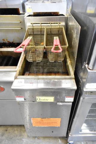 2022 Qualite GF-90/NG stainless steel gas fryer with two metal baskets, side splash guard, 90,000 BTU. Used condition.