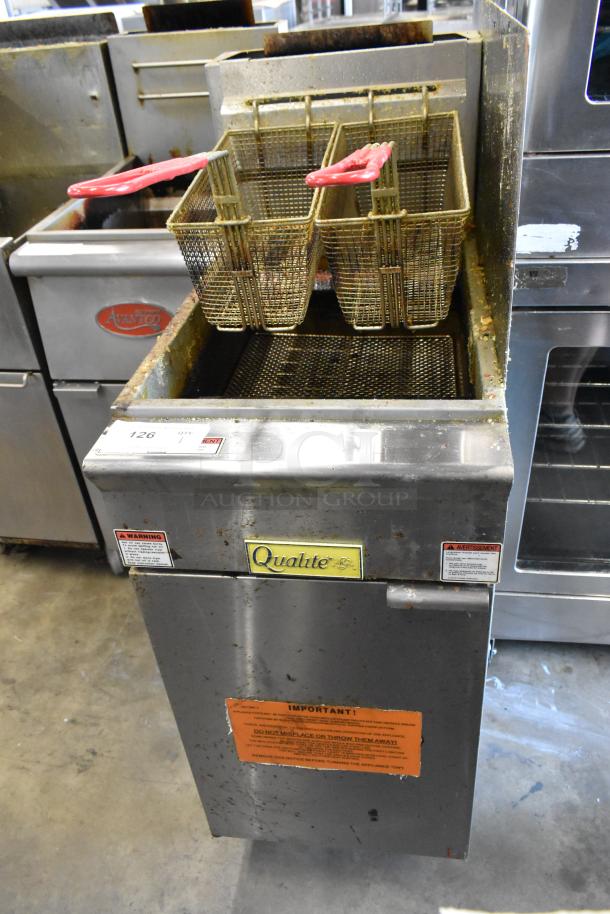 2022 Qualite GF-90/NG stainless steel commercial floor fryer with 2 metal baskets, side splash guard, 90,000 BTU.