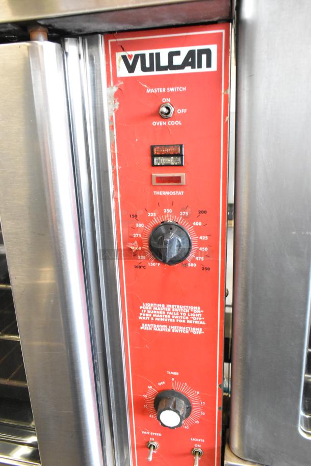 Vulcan VC6GD-SEFCAM convection oven panel with thermostatic controls and settings. Features stainless steel exterior.