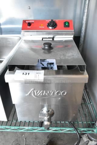 Brand new Avantco 177F200 electric fryer, 15 lb capacity, with metal lid, basket, and temperature control. Scratch and dent condition.