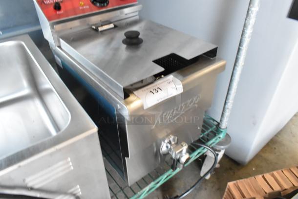 Brand new Avantco 177F200 medium-duty electric fryer with metal lid and basket, 15 lb capacity, 208-240V, 1 phase.