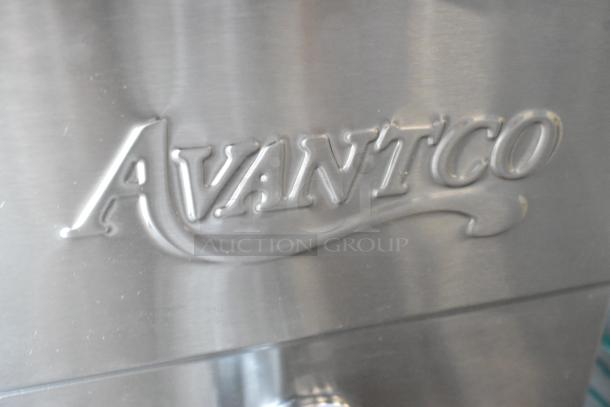 "Avantco logo on stainless steel surface of 2024 Avantco 177F200 electric countertop fryer, brand new with slight dents."