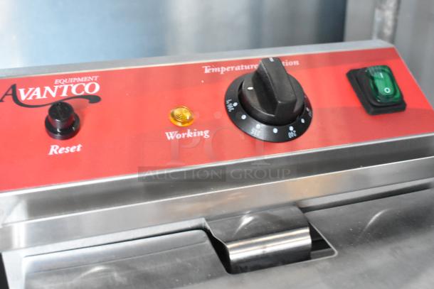 Brand new Avantco 177F200 15 lb. electric fryer with metal lid, control panel with temperature dial, reset button, and power switch.
