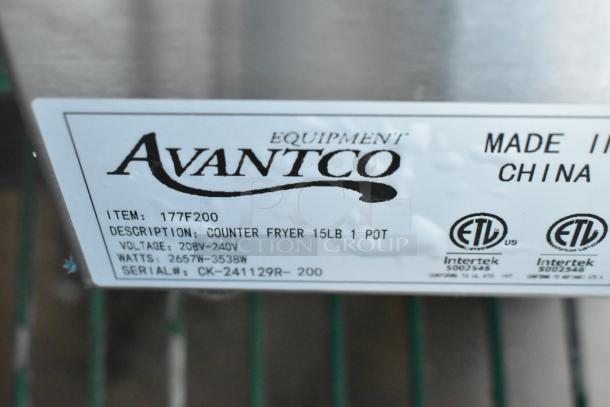 Brand new 2024 Avantco 177F200 electric countertop fryer. 15 lb capacity, metal lid and basket, 208-240V, ETL certified.