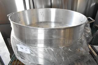 2 brand new Town 34622 40 Qt. Aluminum Steamer Water Pans with minor scratches, includes visible auction tag.