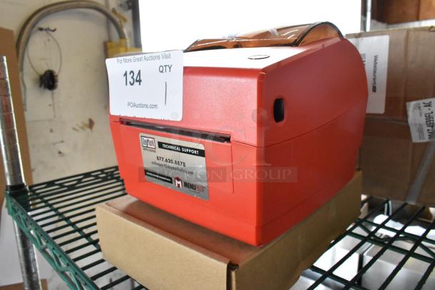 BRAND NEW DayMark MATT85 Thermal Label Printer, red, scratch and dent condition, with tech support label and auction tag.