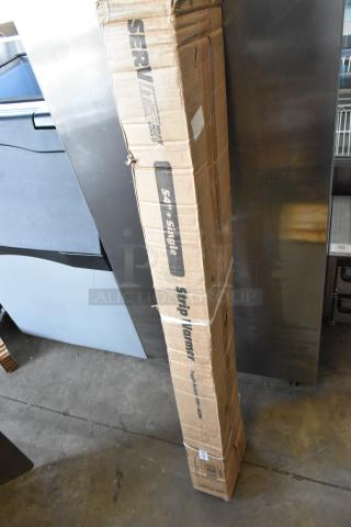 Brand new ServIt 423SW54TCPA 54" strip warmer in box labeled "Scratch and Dent"; single toggle control; 120V, 1 phase.