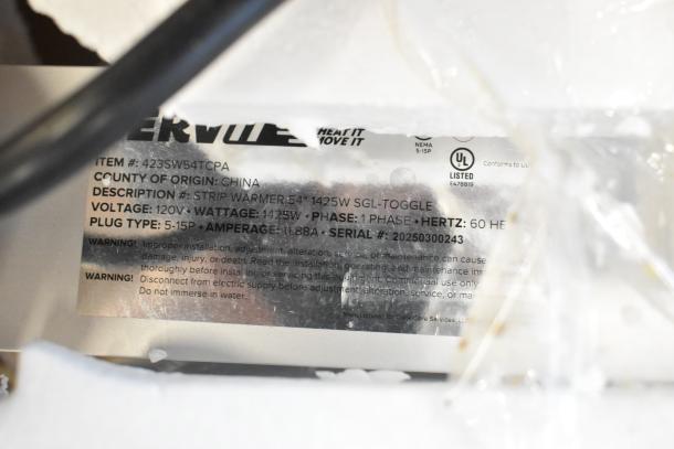 BRAND NEW ServIt 423SW54TCPA 54" Strip Warmer, single toggle control, 120V, 1 phase, 1425W, with visible label and specs.