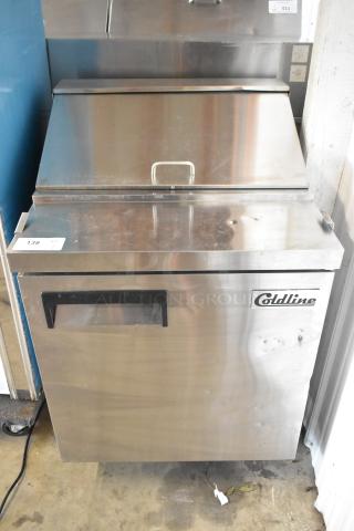 2023 Coldline SP-27 stainless steel sandwich salad prep table, Bain Marie Mega Top, on casters, 115V, commercial use.