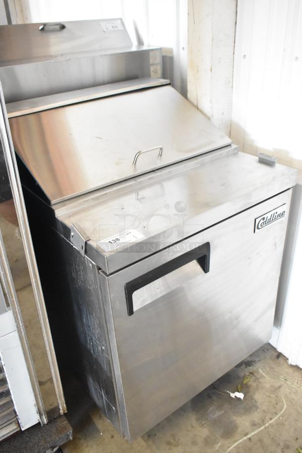 2023 Coldline SP-27 stainless steel prep table, Bain Marie top, on commercial casters. Visible Coldline logo and unit tag.
