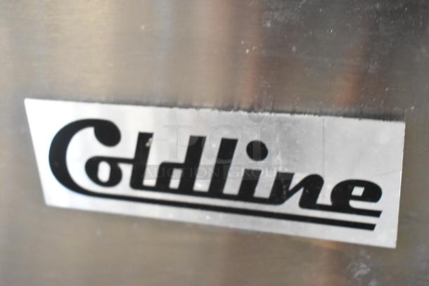 Coldline logo on 2023 SP-27 Stainless Steel Sandwich Salad Prep Table. Commercial quality, 115V, 1 Phase.