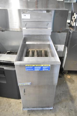 Pitco Frialator 40C stainless steel commercial floor-style deep fat fryer, natural gas, 105,000 BTU, with caution labels.