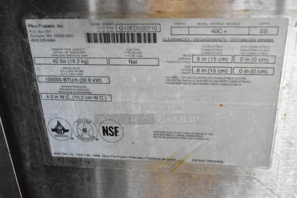 Pitco Frialator 40C stainless steel deep fryer label showing 105,000 BTU, natural gas, and certification marks.