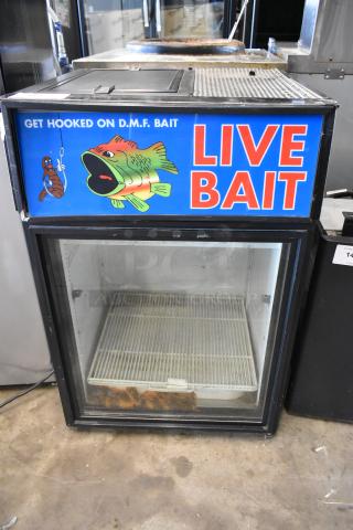 True GDM-05 Mini Cooler Merchandiser, metal, 115V, 1 phase, glass front, "Live Bait" label, suitable for retail display.