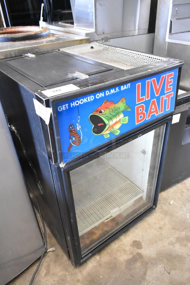 True GDM-05 metal mini cooler merchandiser, 115 volts, 1 phase, with "Live Bait" graphic. Glass door, visible shelves.