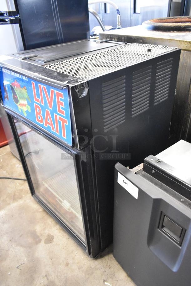 True GDM-05 Metal Mini Cooler Merchandiser, 115 Volts, 1 Phase. Display reads "Live Bait." Used condition.