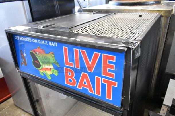 True GDM-05 Metal Mini Cooler Merchandiser for live bait, 115 volts, 1 phase, with blue and red signage, in used condition.