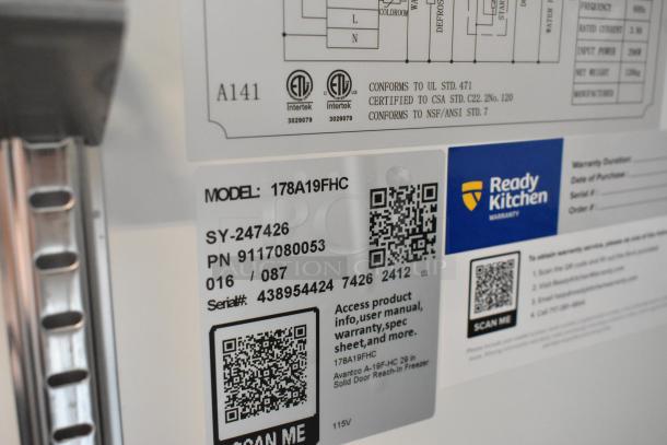 Alt text: "Avantco 178A19FHC label, stainless steel commercial freezer, model details, QR code, Ready Kitchen warranty."