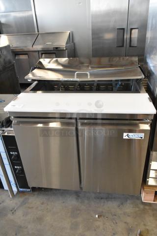 Avantco 178SSPT36HC Stainless Steel Sandwich Prep Table, new scratch and dent condition, with casters. 115V, 1 Phase.