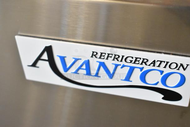 Alt text: Avantco 178SSPT36HC logo on stainless steel surface of commercial prep table.