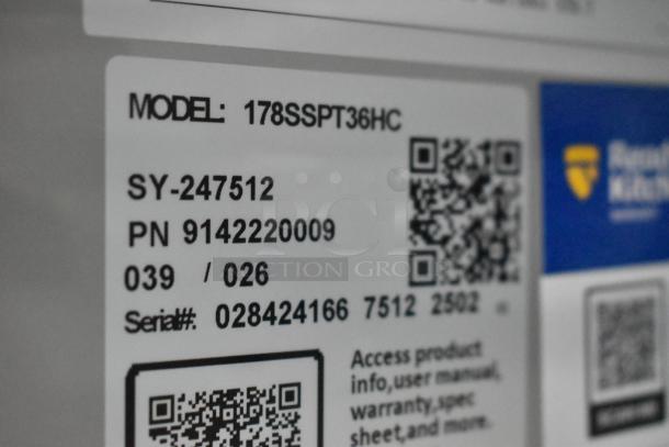Label on Avantco 178SSPT36HC prep table showing model number, serial number 028424166, and QR codes for product info.