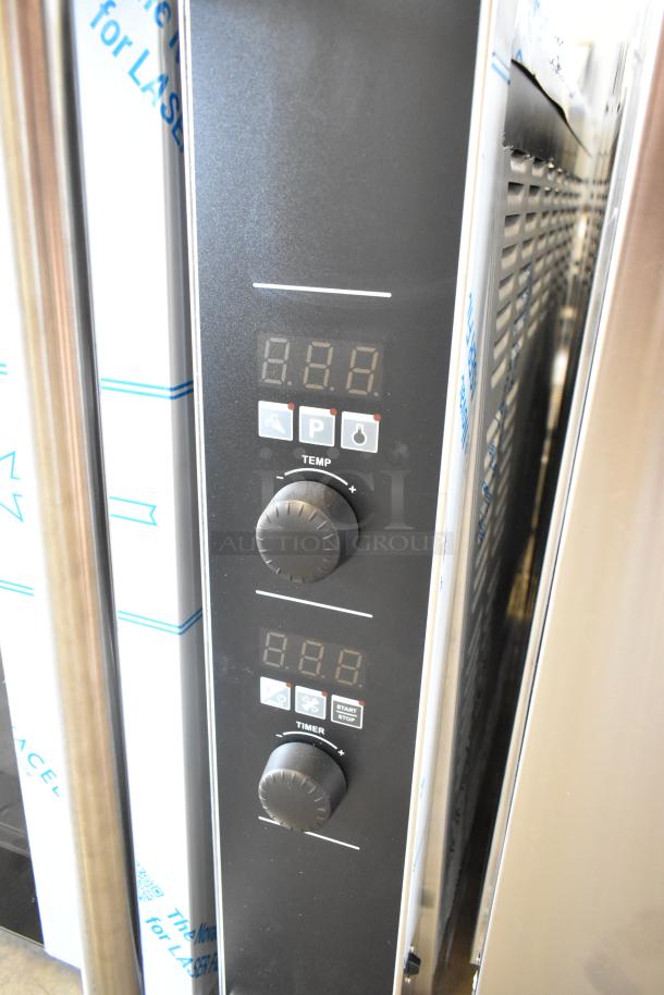 Moffat E32D5 digital convection oven control panel close-up, brand new, minor dent, door latch issue, 208V, 1 phase.