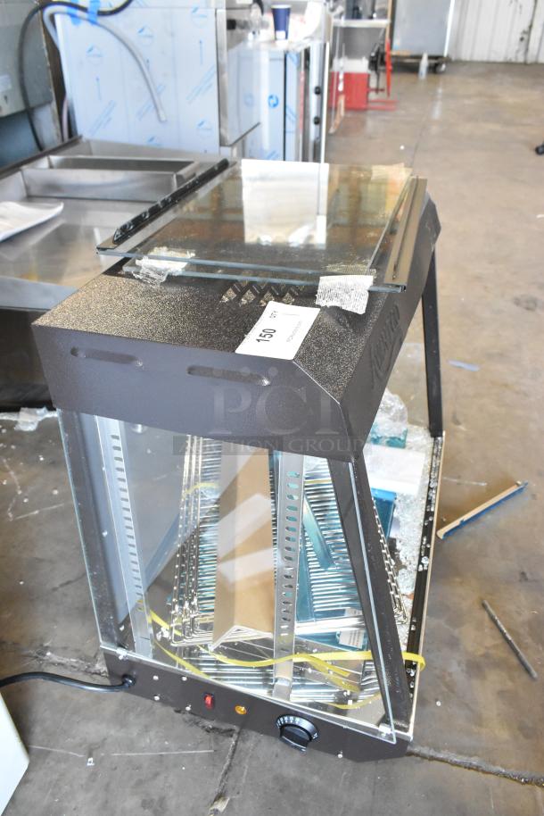 Avantco 177HDC26 heated display case with broken glass, three shelves, black frame, sliding doors, 120V, 1 Phase, new.
