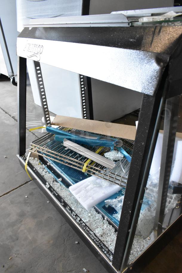BRAND NEW SCRATCH AND DENT Avantco 177HDC26 26" countertop heated display case with broken glass. 3 shelves, sliding doors.