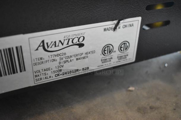 Avantco 177HDC26 label showing 26" countertop heated display case details, 120V, 1500W, serial CK-241012R-529, made in China.