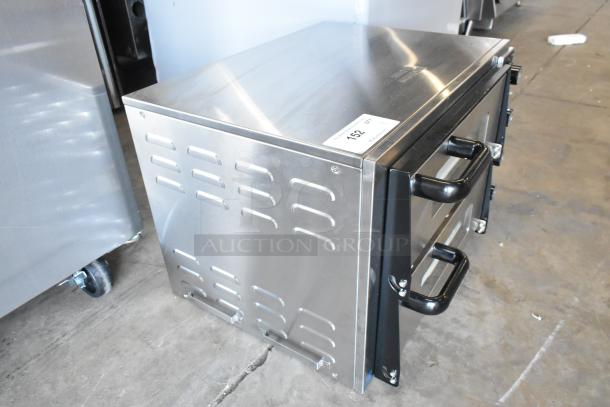 Brand new Waring WPO350 stainless steel countertop double pizza oven, 2024 model, with cooking stones. 240 volts, 1 phase.
