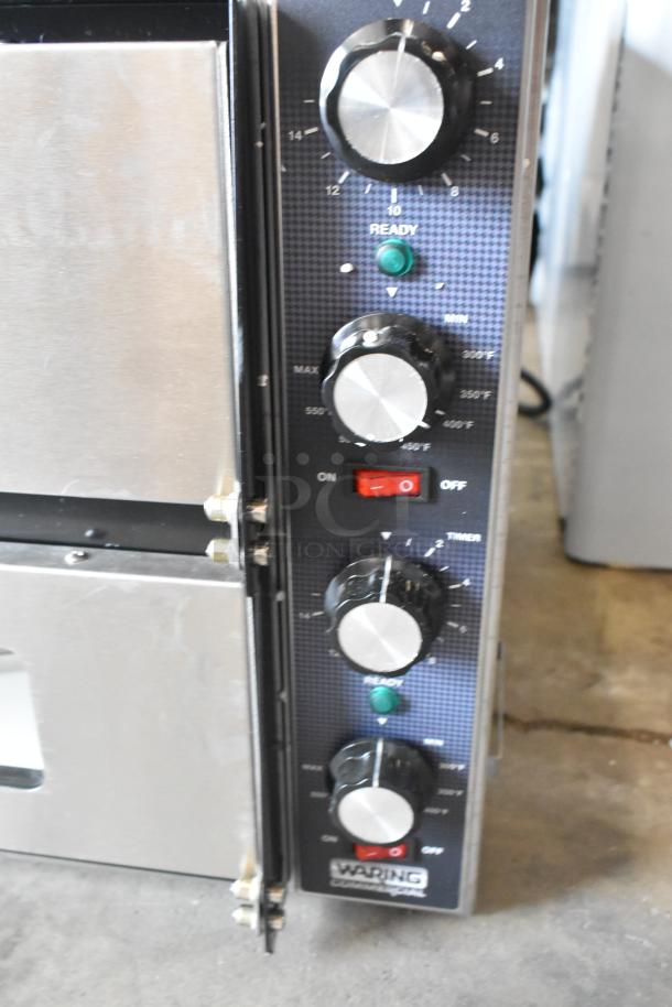 BRAND NEW Waring WPO350 Stainless Steel Double Pizza Oven with visible controls and scratches, 240V, 1 Phase.