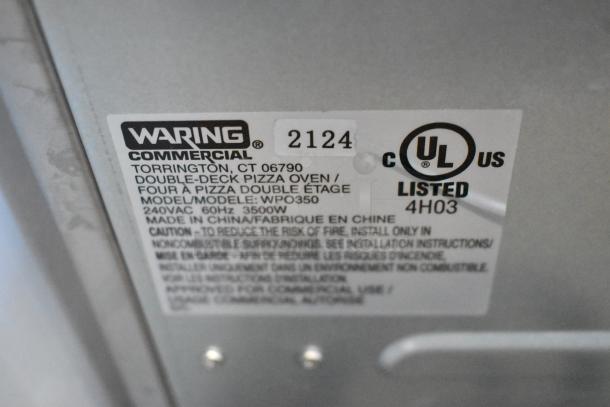 Label on 2024 Waring WPO350 Stainless Steel Double Pizza Oven, 240V, 1 Phase, showing model and certification details.