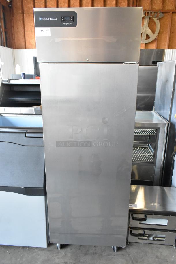 BRAND NEW 2022 Delfield GBSR1P-S stainless steel cooler, single door, on casters. Scratch and dent condition. 115V, 1 phase.