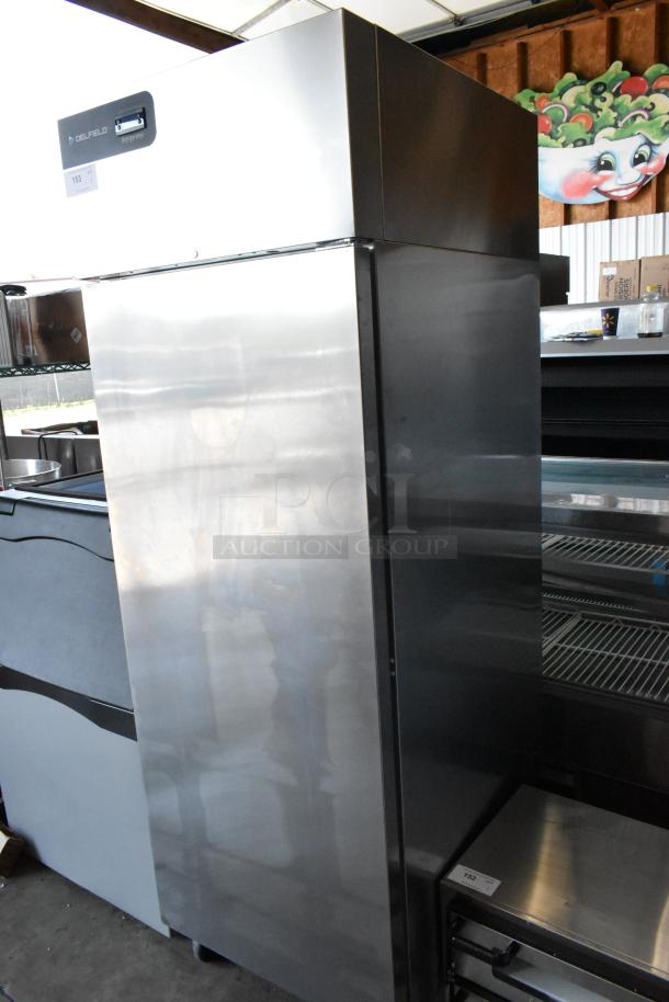 Delfield GBSR1P-S Stainless Steel Commercial Single Door Cooler, brand new, on casters, 115V, 1-phase, scratch and dent.