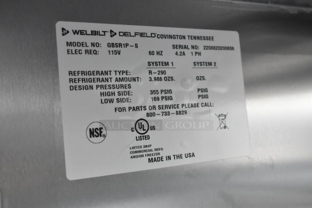 Label on 2022 Delfield GBSR1P-S cooler, showing model, serial number 2208820200656, refrigerant details, and certifications.
