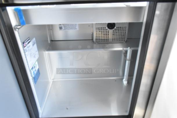 Brand new True TSSU-72-30MB-ST-HC stainless steel commercial prep table interior, visible labels, 115 volts, 1 phase.
